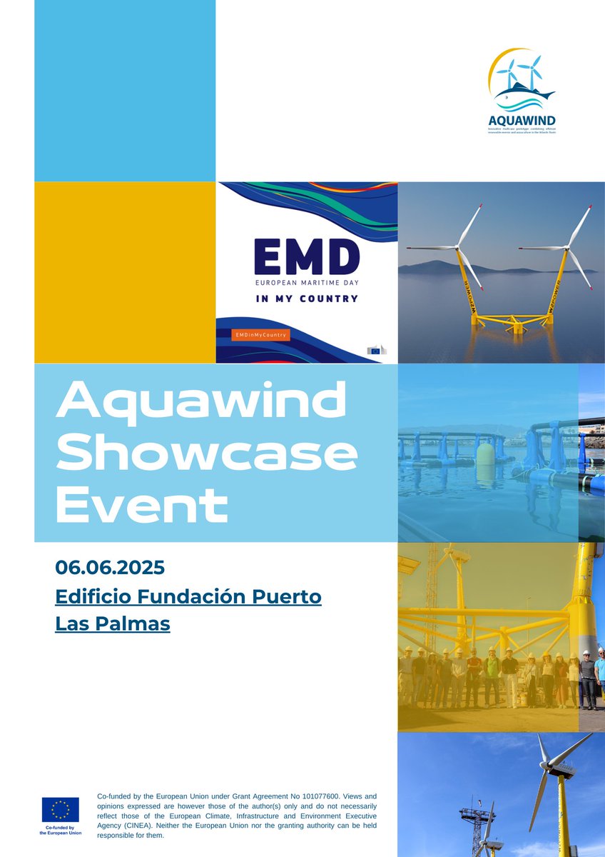 🌊 The #AquaWind Showcase Event is coming!
🗓️ 6 June 📍 Las Palmas
🌍 In the framework of #EMDinMyCountry
09:00h | Free entry + session for investors
🚢 Closing with #FIMAR2025
🔗 Register: forms.gle/oLieZfBB91oiks…
#BlueEconomy #Canarias