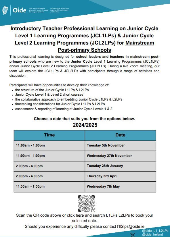 Please attend our next Live Zoom Meeting: Introductory Teacher Professional Learning for Junior Cycle Level 1 &amp; 2 Learning Programmes in Mainstream Schools Date: Wednesday 7th May Time: 11:00 - 1:00pm