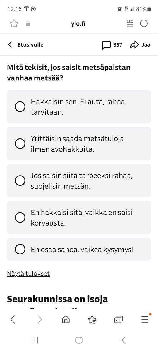 Karri Uotila (@karriuotila) on Twitter photo <a href="/yleuutiset/">Yle Uutiset</a> toimitus tosiaan ajattelee, että metsänomistajille vain tipahtaa taivastaa ilmaista metsää.
Oikeampi kysymys lienee, että mitä tekisit, jos ostaisit/joutuisit ostamaan 10 ha vanhaa metsää 200 000€. Ottaisit koko summalle lainan, josta metsä kattaisi vakuutena 60%. <a href="/yleuutiset/">Yle Uutiset</a> toimitus tosiaan ajattelee, että metsänomistajille vain tipahtaa taivastaa ilmaista metsää.
Oikeampi kysymys lienee, että mitä tekisit, jos ostaisit/joutuisit ostamaan 10 ha vanhaa metsää 200 000€. Ottaisit koko summalle lainan, josta metsä kattaisi vakuutena 60%.