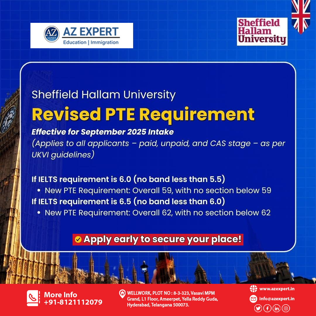 azexpertglobal's tweet photo. 🚨 PTE Revised at Sheffield Hallam – Sept 2025 Intake!

💬 DM us or 📞 +91-8121112079
🌐 https://t.co/VPH0lhRIFp

#SheffieldHallamUniversity #StudyAbroad #PTEUpdate #UKAdmissions #StudyInUK #AZExpert #InternationalStudents #MastersUK #IndianStudentsAbroad https://t.co/SBkuqIiP0b