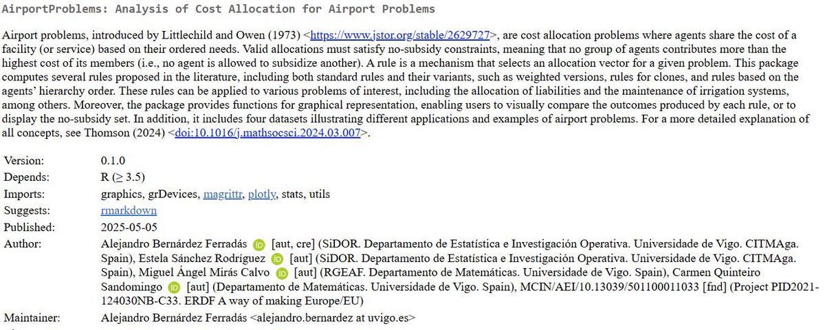 New on CRAN! AirportProblems: analyze airport problems in R with specific tools: standard &amp; weighted rules, clone &amp; hierarchy-based solutions, and great visuals.
Use cases: liability allocation, irrigation systems, and more! #rstats #CRAN  <a href="/SidorUvigo/">@sidor_uvigo</a> <a href="/CITMAga/">Investigación e Tecnoloxía Matemática en Galicia</a>  <a href="/AlejandroBernr1/">Alejandro Bernárdez Ferradás</a>