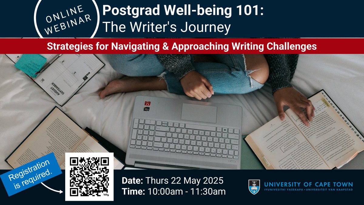 UCTpostgrads's tweet image. From writers’ block to imposters’ syndrome, this online webinar aims to demystify the postgraduate writing process by providing practical tips and guidelines on navigating various research and writing challenges. Spaces are limited. Register online here: bit.ly/3Z5mMuH