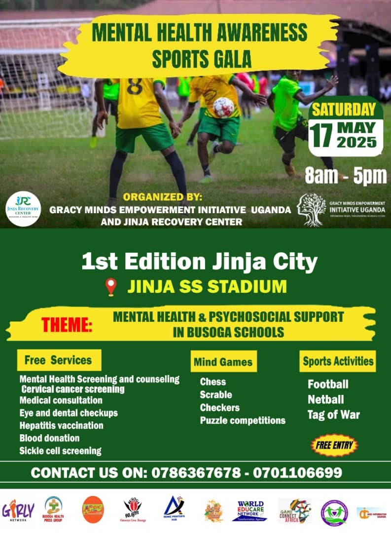 Get ready for the Mental Health Awareness Sports Gala on May 17th at Jinja SS! 🏃‍♂️⚽ A fun-filled day to raise awareness and kickstart mental health clubs in schools. Together, we can create spaces for support, understanding, and wellness in our schools