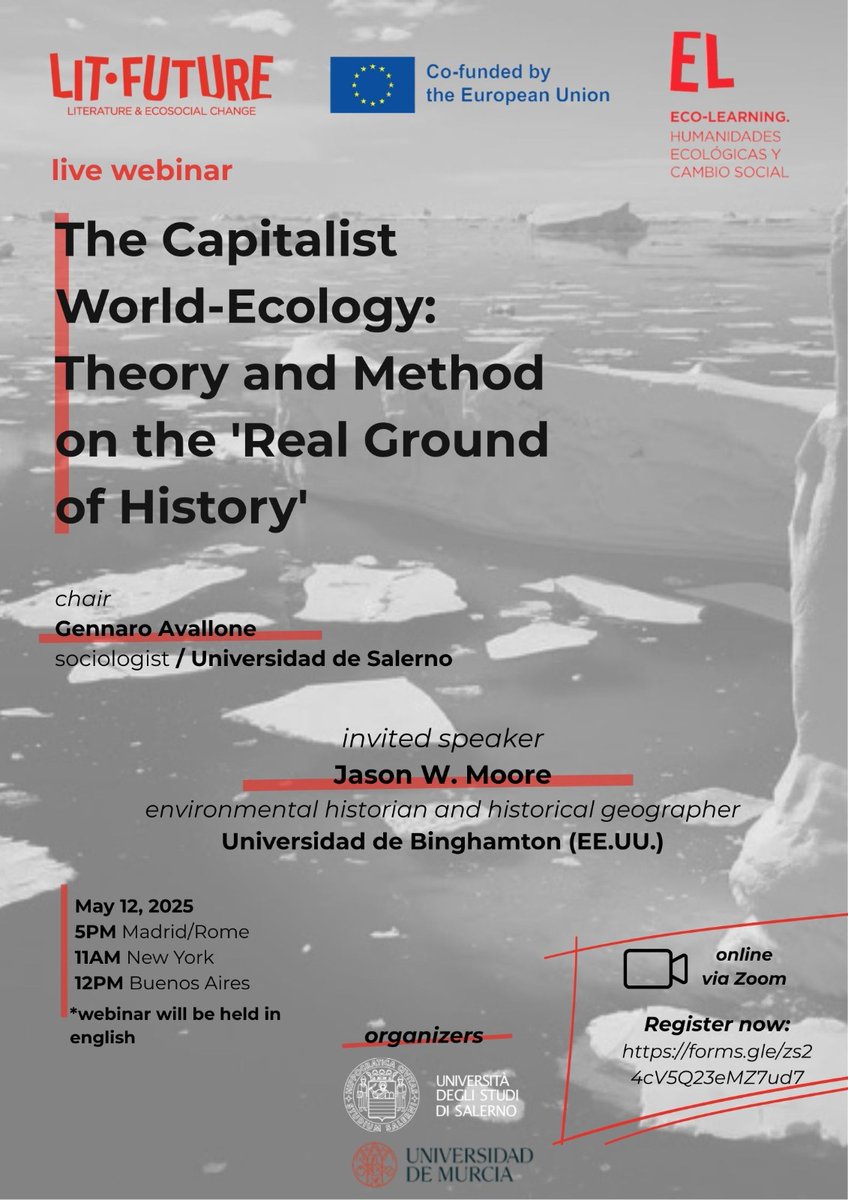 ⏰📌 Por fin! Ya tenemos fecha para el primer webinar de Lit-Future! Será el 12 de mayo a partir de las 17h (hora peninsular española).

💥 Para esta primera sesión, organizada por la <a href="/UniSalerno/">Università Salerno</a> y la @umu, contaremos (nada menos) que con Jason Moore (<a href="/oikeios/">Jason W. Moore</a>)  1/3