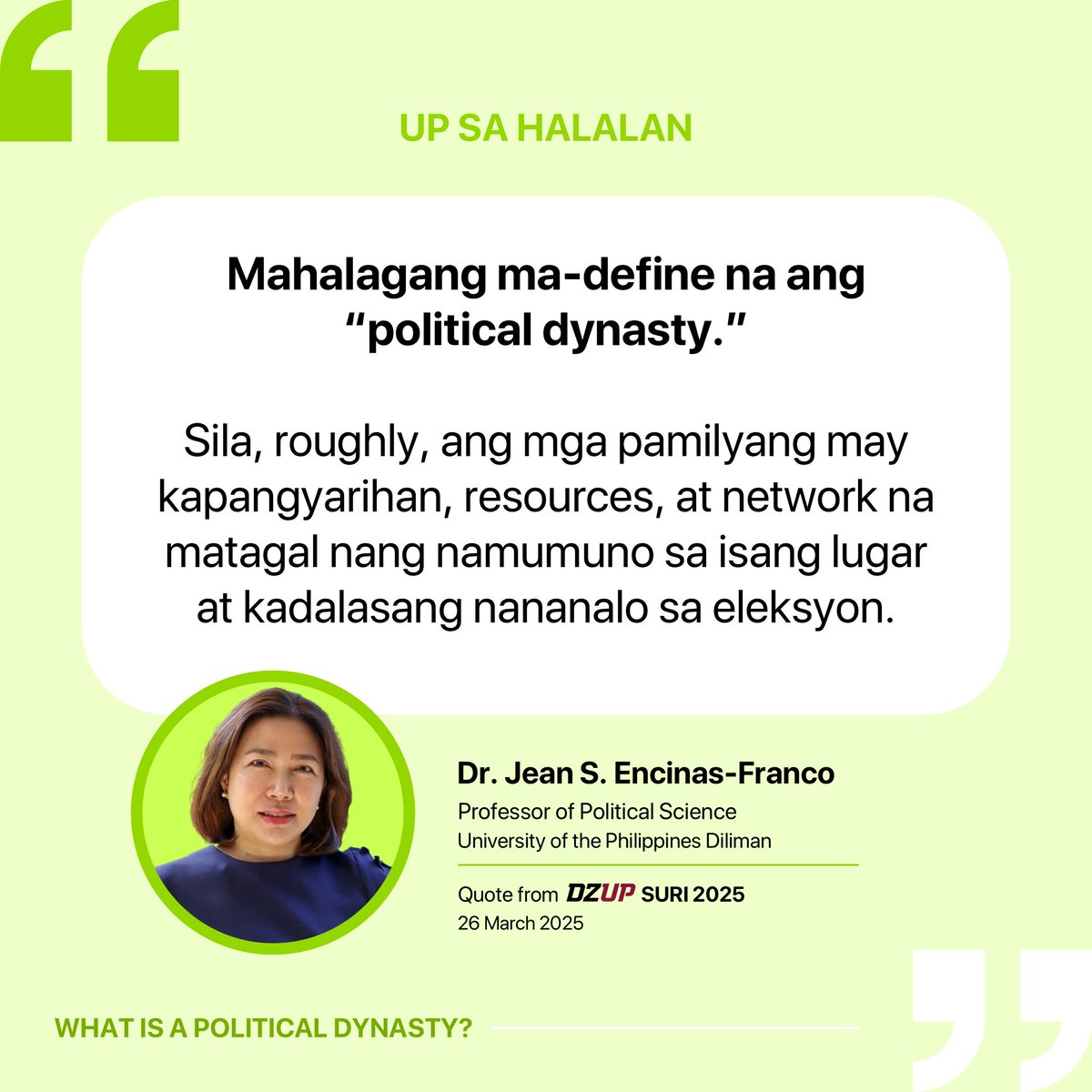 What exactly is a "political dynasty?"

In a DZUP interview, Professor <a href="/francojean825/">Jean Encinas Franco</a> emphasized that political dynasties must be defined by law in order to effectively ban them in future elections.

Watch the full interview here: youtube.com/live/l0d8fYyHR…

#Halalan2025