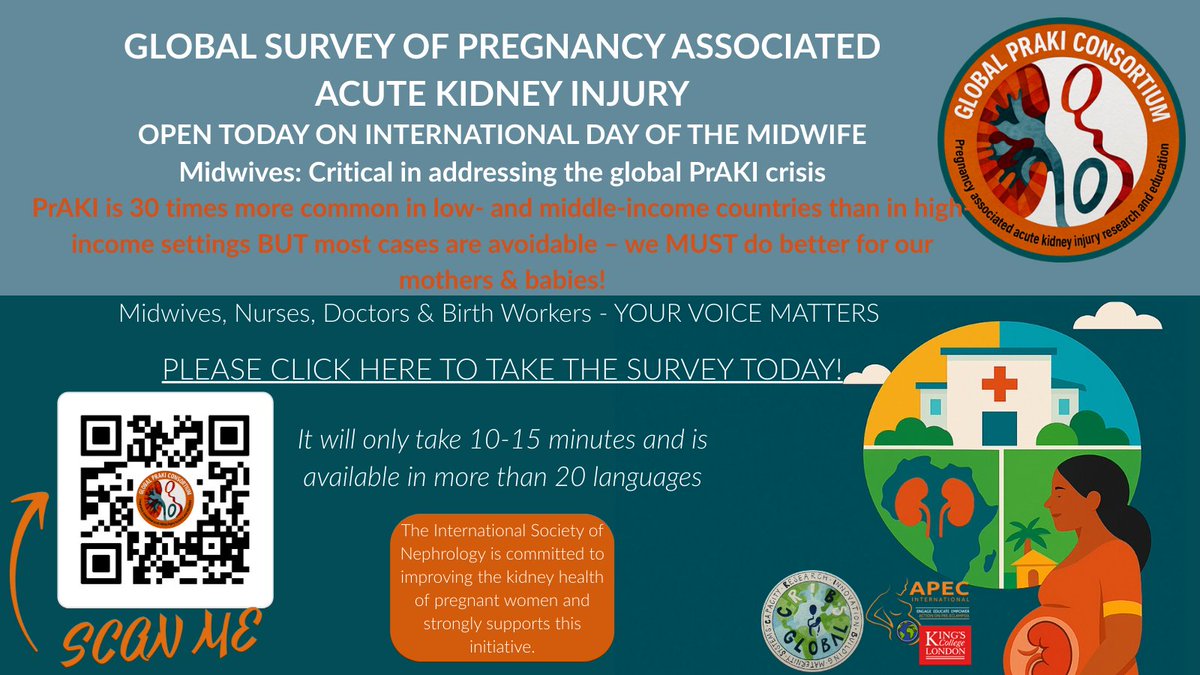 📢OPEN Now! #Midwives are critical in the PrAKI crisis so this #IDM2025 we are launching a🌎survey on the barriers to identification and management of #PrAKI. Open to ALL HCPs who are involved in #maternity or #kidney care. Please share widely!  shorturl.at/cUgy9