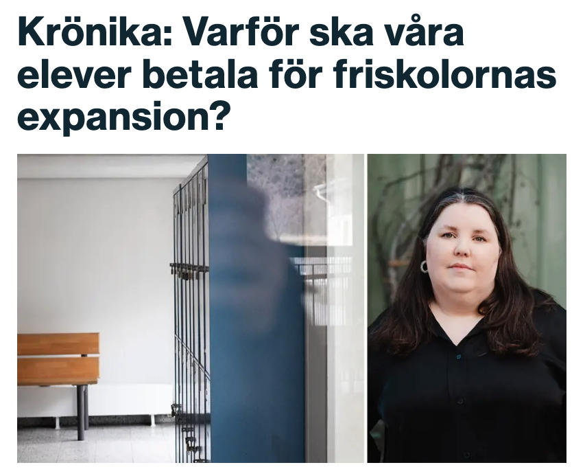”Det är eleverna i den kommunala skolan som betalar för friskolornas nyetableringar och expansion”, skriver <a href="/rektor_linnea/">Linnea Lindquist</a> Lindquist.

skolledaren.se/aktuellt/nyhet…