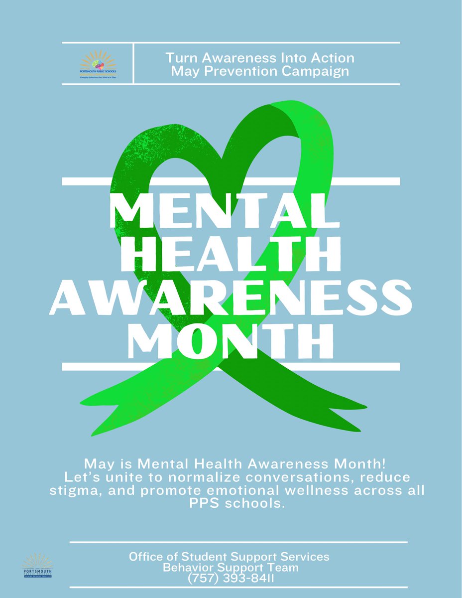 Mar_AdamsPPS's tweet image. Mental health matters—especially during testing season. Let’s talk about it. Normalize it. Support it. Be on the lookout for the Behavior Support Team’s Monthly Newsletter + May Prevention Campaign Toolkit packed with daily ways to promote wellness!
@PortsVASchools
@ebracyPPS