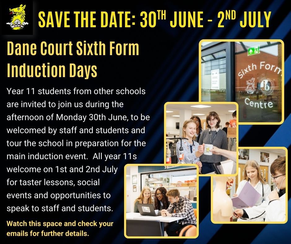 Dane_Court_GS's tweet image. 🌟🍀 Wishing all year 11 students lots of luck as the GCSEs start this week 🌟🍀
A date for your diaries, when the exams are over. Looking forward to welcoming you!