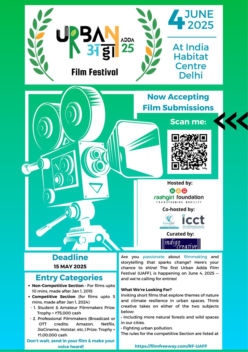Raahgiri Foundation (@raahgiri_fdn) on Twitter photo Urban Adda Film Festival 2025 (curated by <a href="/Moulibasu/">Chandramouli Basu</a>)
Calling all #storytellers, city lovers, and #changemakers! 📽️Show us how you see the future of our cities, through your lens. From clean air to safe streets, resilient communities to inclusive spaces, your film can spark Urban Adda Film Festival 2025 (curated by <a href="/Moulibasu/">Chandramouli Basu</a>)
Calling all #storytellers, city lovers, and #changemakers! 📽️Show us how you see the future of our cities, through your lens. From clean air to safe streets, resilient communities to inclusive spaces, your film can spark