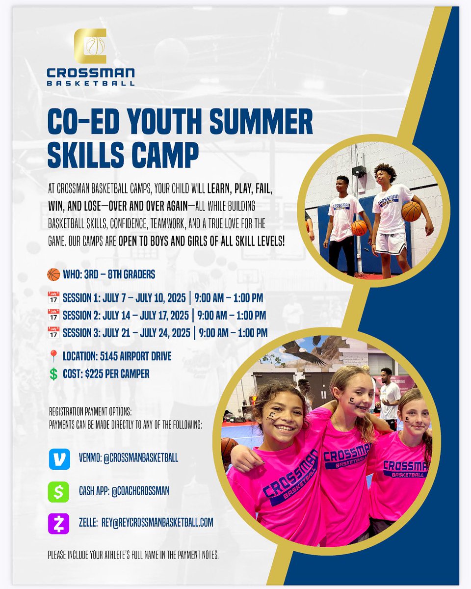 Hoopers, it’s time!📚🏀🔑
Crossman Basketball’s Co-Ed Youth Summer Skills Camp is back for grades 3–8!
Learn. Play. Grow. Compete.✅

3 sessions in July | 9AM–1PM
Location: 5145 Airport Dr
Cost: $225

Spots are limited! See you on the court!