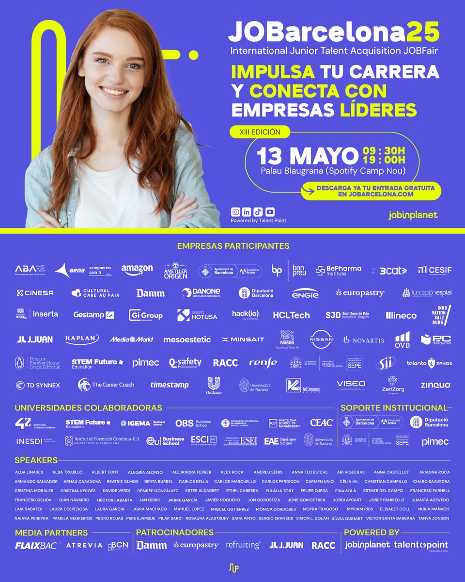 🚀 ¿Buscas prácticas, tu primer empleo, orientación o un nuevo reto profesional?
🎓 #JOBarcelona25 es tu evento.
📅 13 de mayo – Palau Blaugrana
🎟️ Descarga ya tu entrada gratuita en jobarcelona.com
#TalentoJunior #PrimerEmpleo #EmpleoJoven