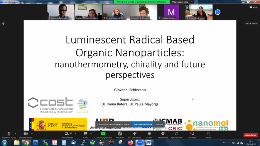 LUCESCOSTAction's tweet image. 👏 Big thanks to Giovanni Schievano (ICMAB-CSIC) for a fascinating #LucestCost Zoom Meetings talk on luminescent radical-based organic nanoparticles for nanothermometry! 💡 A great showcase of innovation at the intersection of #luminescence and #nanotechnology. @COSTprogramme