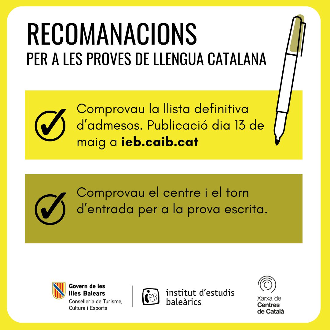 Si us heu de presentar a les proves de llengua catalana de maig de l'Institut d'Estudis Baleàrics podeu seguir les recomancions que publicarem durant aquest mes.
👍 Endavant!
<a href="/IEBalearics/">Institut d'Estudis Baleàrics</a>  <a href="/baulesdellengua/">Baules de Llengua</a>