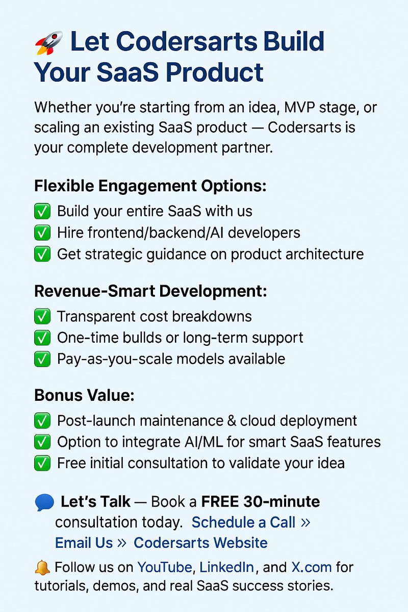 CodersArts's tweet image. 🚀 Building a SaaS product?
Codersarts is your complete SaaS partner:
✅ Full product builds
✅ Hire frontend/backend devs
✅ AI/ML integration
✅ Post-launch support
🎯 Book a FREE consult: codersarts.com
#SaaSDev #MVP #Codersarts #AIapps #Startups #TechTwitter