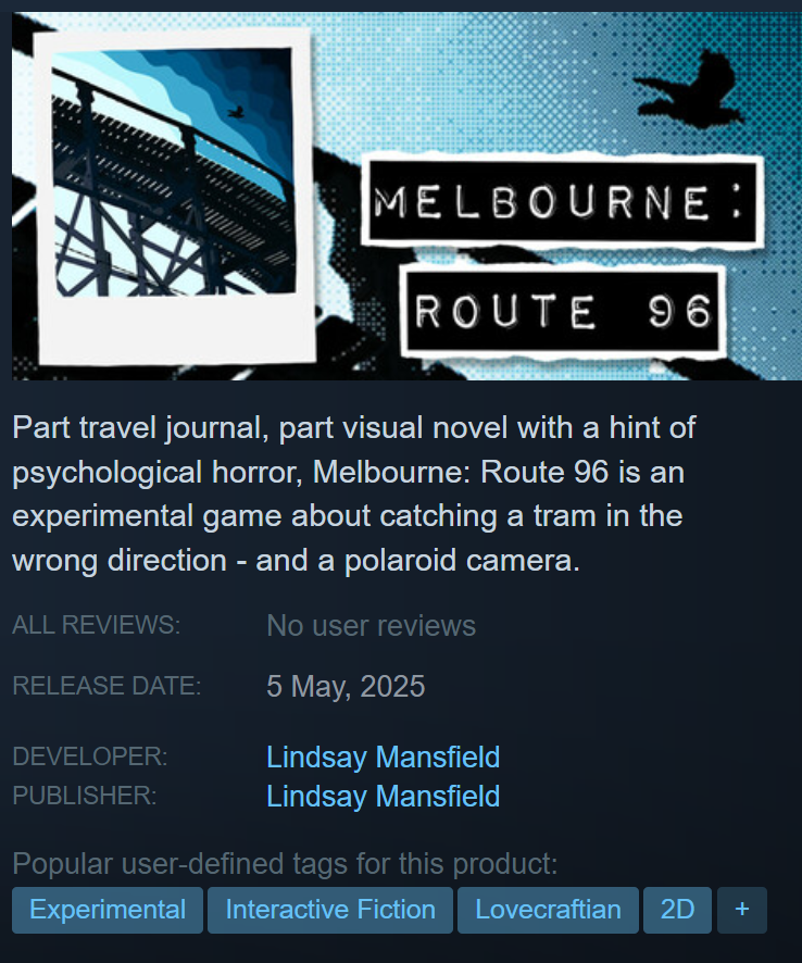 Today I achieved my goal of releasing my own game on Steam, Melbourne: Route 96. store.steampowered.com/app/2162540/Me…

#indiedev #indiegames #IndieGameDev #visualnovel