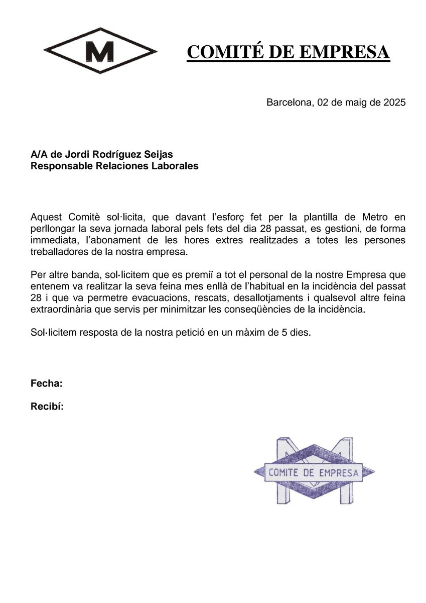 A petició de la Soli, el Comitè fa la sol·licitud d'abonaments extres i reconeixements a tota la plantilla de #MetroBCN que va esdevenir fonamental per superar els greus instants derivats de l'apagada elèctrica del passat dilluns.