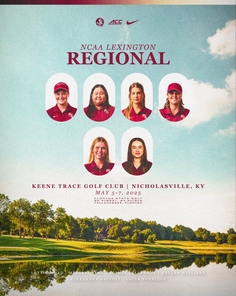 Florida State begins play in the NCAA Lexington regional championship this morning at 8:00 a.m. Live scoring can be found at Scoreboard by Clippd