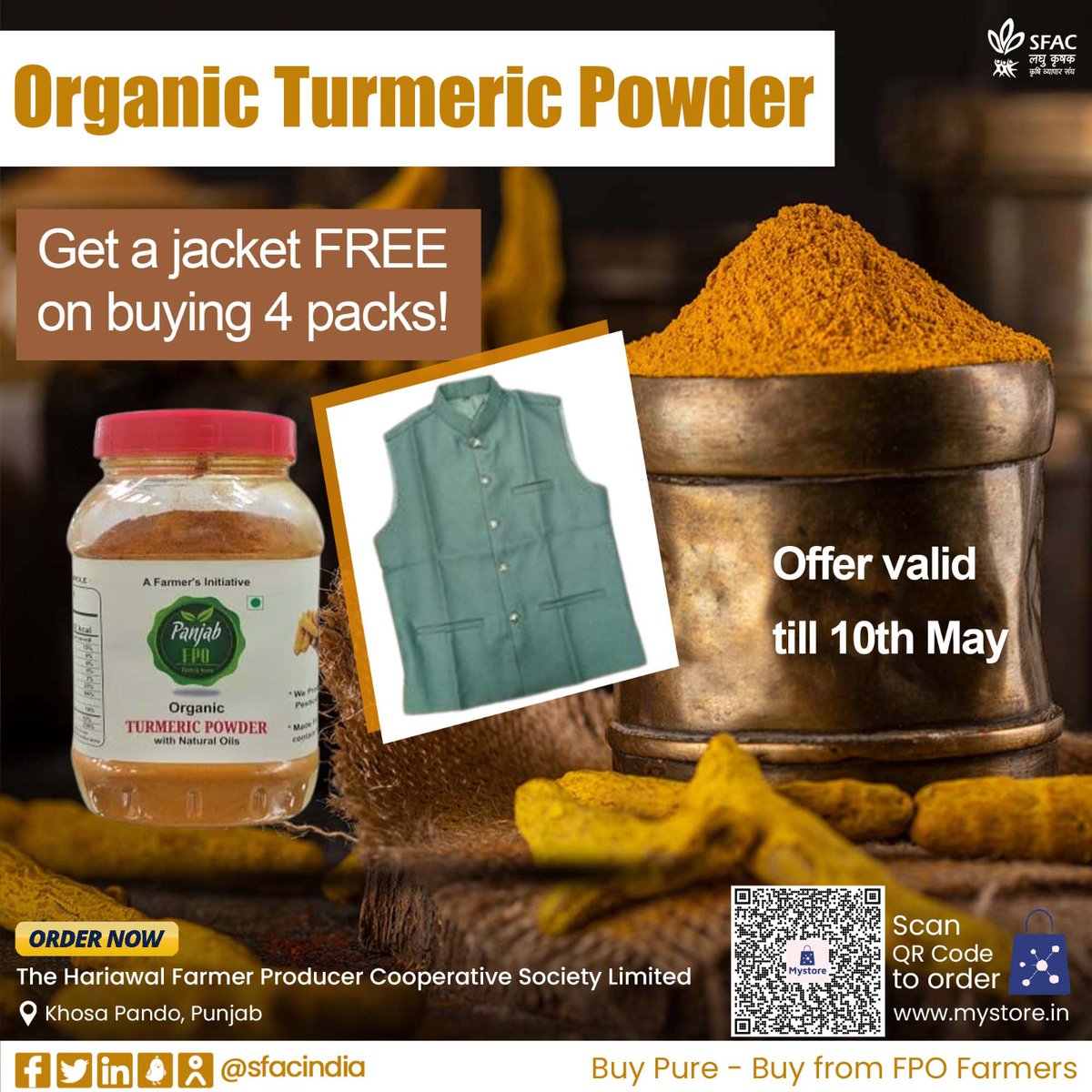 sfacindia's tweet photo. 🎁Giveaway!
Best quality turmeric powder, 100-% natural & pure. Buy 4 packs & get a jacket FREE! Offer valid till 10th May.
Buy from FPO farmers 👇
https://t.co/9yXVodfEKr
🎁
#VocalForLocal #healthychoices #Turmeric_Powder #Organic_Turmeric https://t.co/XByXVM8tlw