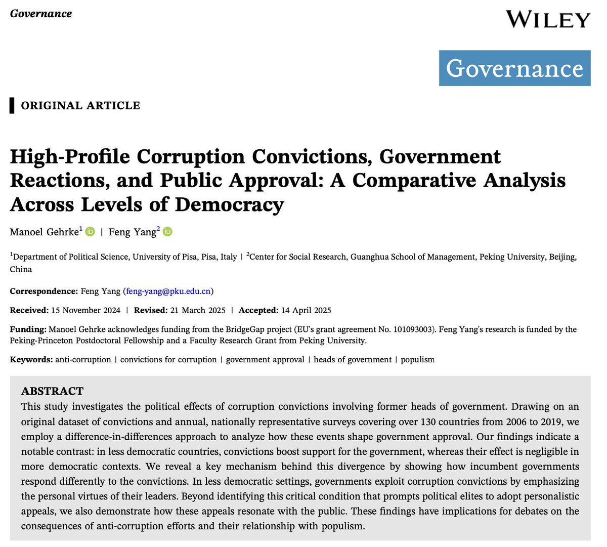 Manoel Gehrke (@manoel_gehrke) on Twitter photo Excited to shareĀ "High-Profile Corruption Convictions, Government Reactions, and Public Approval: A Comparative Analysis Across Levels of Democracy", co-authored with Feng Yang <a href="/Gov_Journal/">Governance Journal</a>.
doi.org/10.1111/gove.7⦠Excited to share "High-Profile Corruption Convictions, Government Reactions, and Public Approval: A Comparative Analysis Across Levels of Democracy", co-authored with Feng Yang <a href="/Gov_Journal/">Governance Journal</a>.
doi.org/10.1111/gove.7ā¦