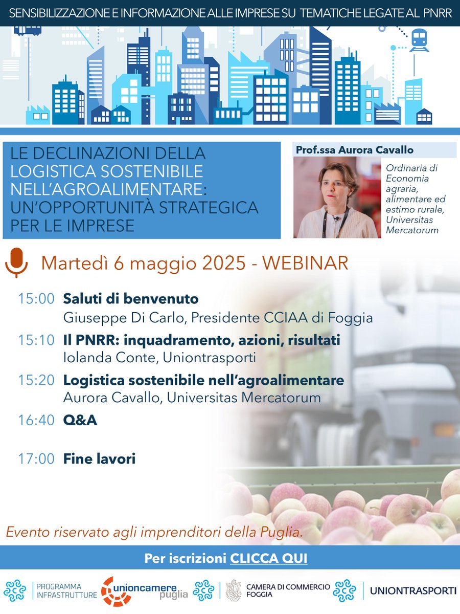 🚛🌱 Logistica sostenibile e agroalimentare: un'opportunità per le imprese!
WEBINAR 📅6 maggio ore 15
🔗 Iscriviti 👉 bit.ly/3WI7D27
#PNRR #logistica <a href="/cciaafoggia/">CCIAA FOGGIA</a> #sostenibilità