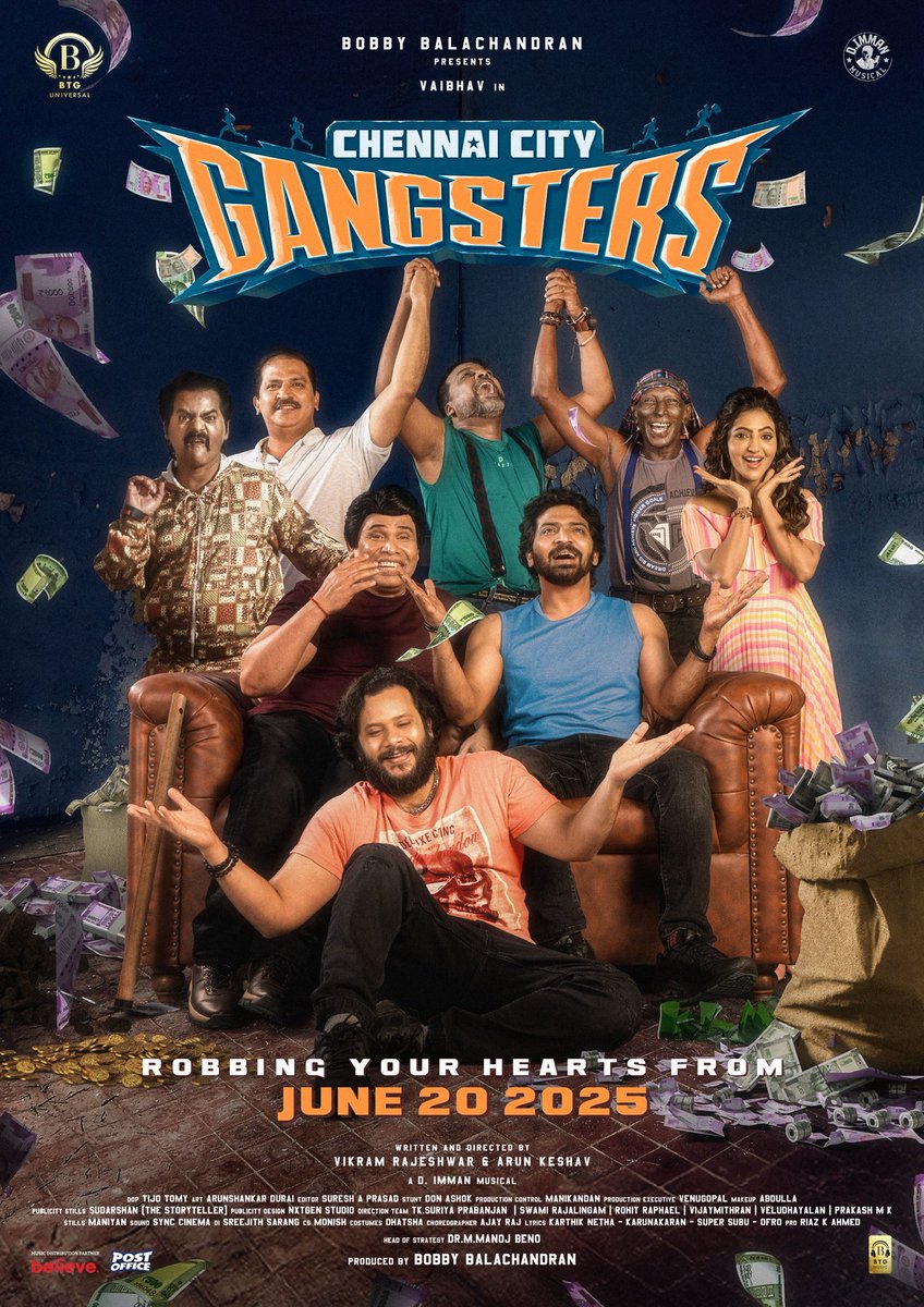 BTG Universal (@btguniversal) on Twitter photo Get ready to laugh big next month 🤩
#ChennaiCityGangsters - coming to theatres on June 20th. The robbers are on the way ❤️
An <a href="/immancomposer/">D.IMMAN</a> musical!
<a href="/BTGUniversal/">BTG Universal</a> <a href="/bbobby/">bbobby</a> <a href="/ManojBeno/">Manoj Beno</a> <a href="/actor_vaibhav/">Vaibhav</a> <a href="/AthulyaOfficial/">Athulyaa Ravi</a> <a href="/Mani_Rajeshh/">Manikanta Rajesh</a> #VikramRajeshwar #ArunKeshav #AnandRaj Get ready to laugh big next month 🤩
#ChennaiCityGangsters - coming to theatres on June 20th. The robbers are on the way ❤️
An <a href="/immancomposer/">D.IMMAN</a> musical!
<a href="/BTGUniversal/">BTG Universal</a> <a href="/bbobby/">bbobby</a> <a href="/ManojBeno/">Manoj Beno</a> <a href="/actor_vaibhav/">Vaibhav</a> <a href="/AthulyaOfficial/">Athulyaa Ravi</a> <a href="/Mani_Rajeshh/">Manikanta Rajesh</a> #VikramRajeshwar #ArunKeshav #AnandRaj