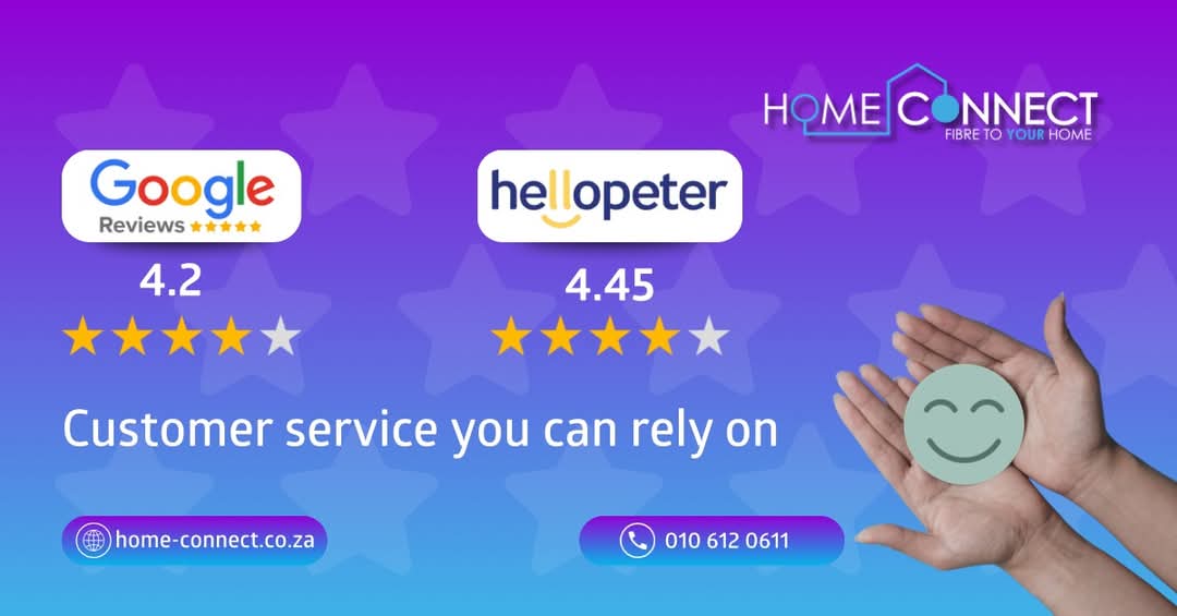We're your connect to faster speeds, smoother streaming, and better support.😊📶

#1 Rated ISP on Hellopeter

#weareyourconnect #hellopeter #googlereview #homeconnect