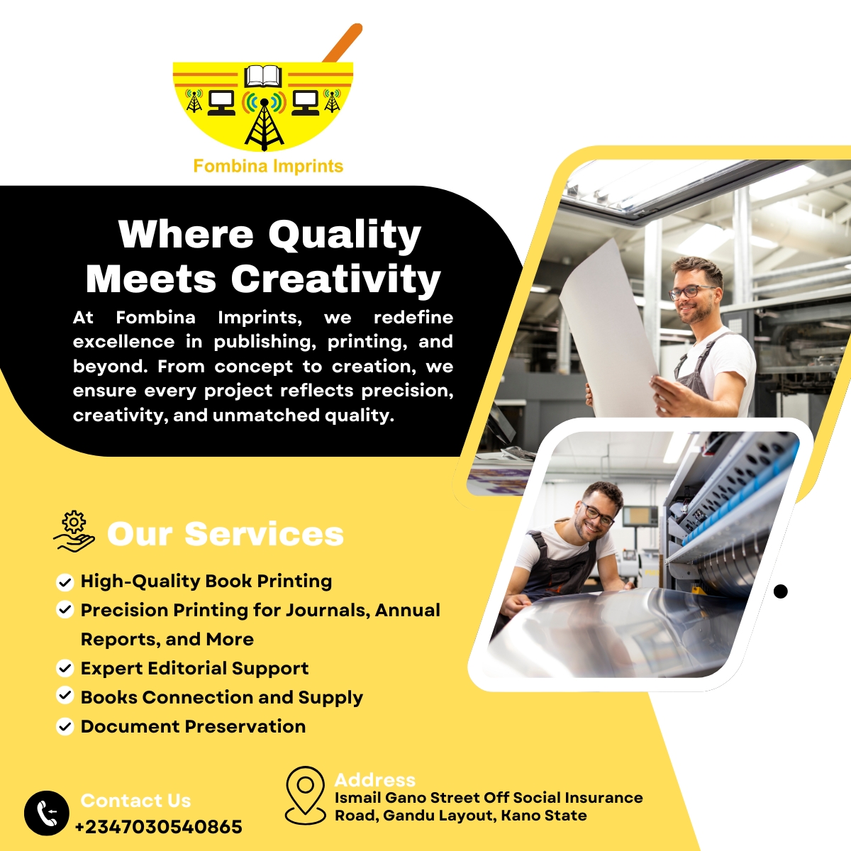 At Fombina Imprints, we don’t just print books — we empower learning.
From textbooks, school materials, and custom journals to banners and educational kits, we deliver top-quality print solutions that fuel education across Nigeria.