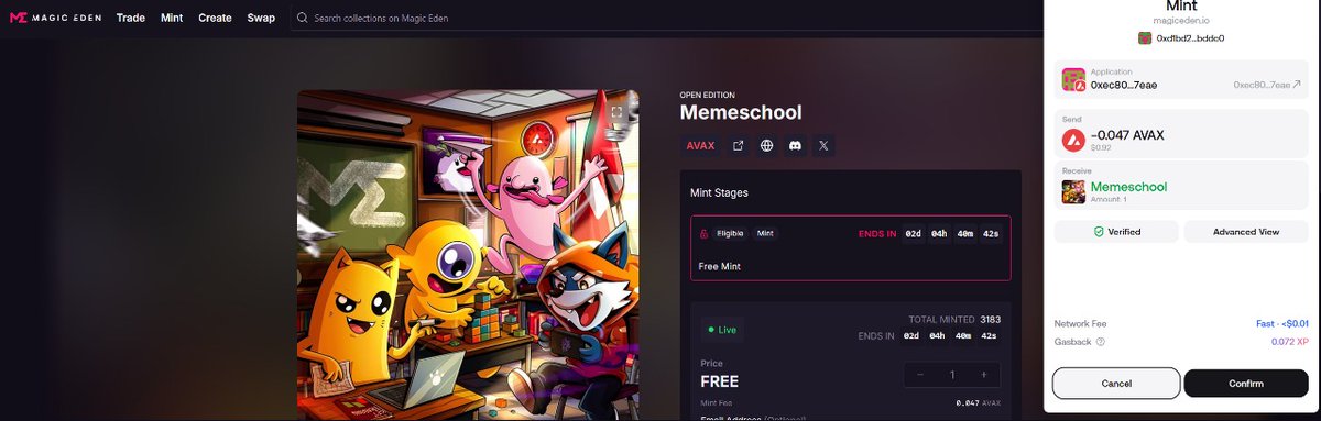 🚀 <a href="/MagicEden/">Magic Eden 🪄</a> is live on <a href="/avax/">Avalanche🔺</a> 🔺

✔️ Mint Memeschool Open Edition NFT :- magiceden.io/launchpad/aval…
● Total Cost :- 0.047 $AVAX ( 0.9$ ) 

👉 We can expect some future rewards/airdrops for NFT holders. (But there is no confirmation, so it is your choice.)

📌 Join our TG for more