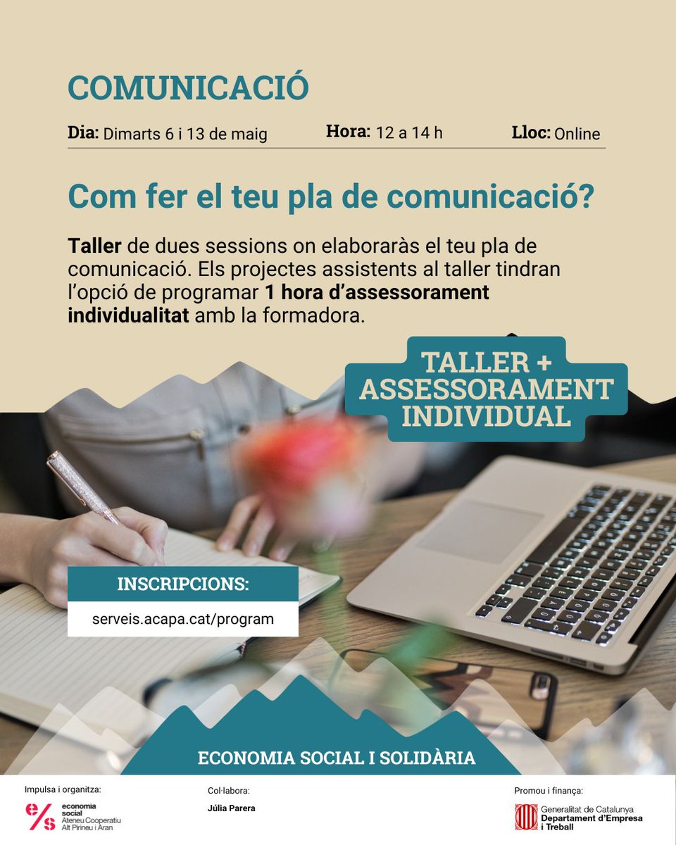 📢Vols fer el teu pla de comunicació? 

💡Apunta't a aquest taller de 2 sessions + 1 acompanyament individual al teu projecte 

🗓️Comencem demà 06/05
🕐12 a 14 h
💻 Sessions online i gratuites

✍️Apunta't a: serveis.acapa.cat/program/com-fe…