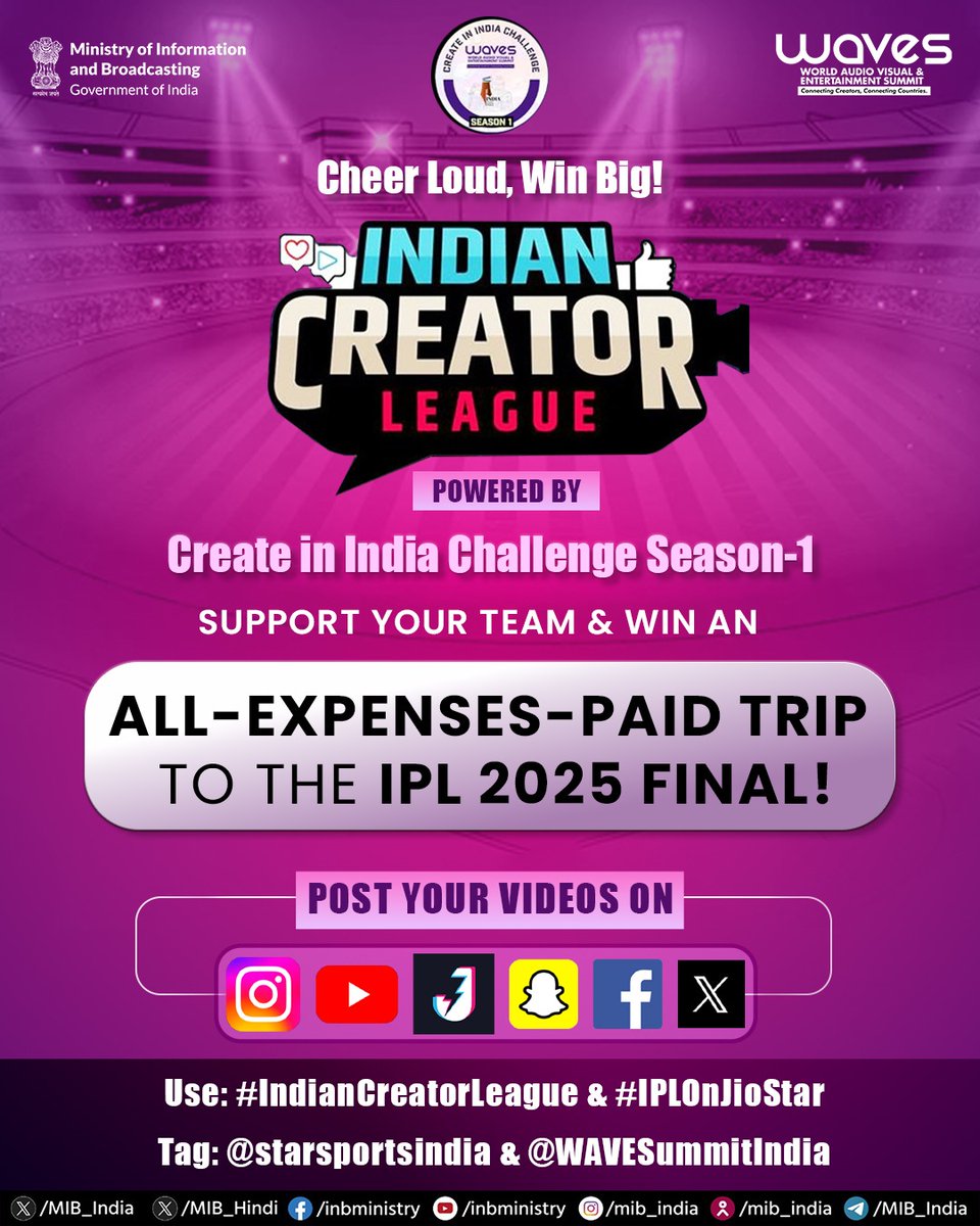 MIB_India's tweet image. Think you&apos;re the biggest fan of the biggest T20 league?🏏

Presenting the #IndianCreatorLeague powered by #CreateInIndiaChallenge Season-1 under #WAVES2025.

Show your support for your favorite team through creative videos — and you could win an all-expenses-paid trip to watch…
