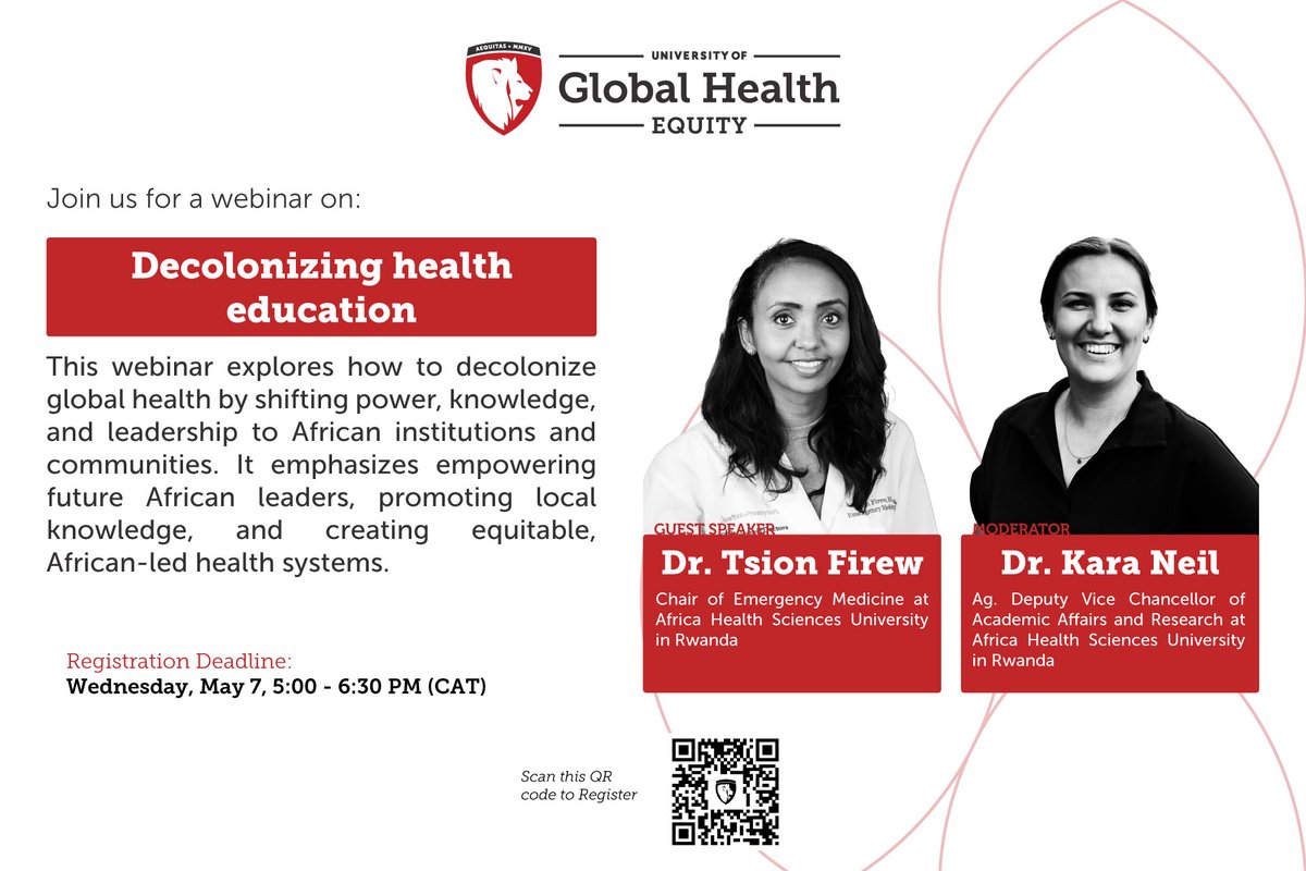 Join us for an important conversation on decolonizing health education, exploring how to shift power, knowledge, and leadership to African institutions. Featuring <a href="/DrTsion/">Tsion Firew, MD, MPH</a> and moderated by Dr.<a href="/KaraNeil_/">Kara Neil</a> . Happening May 7th. 
Register here: bit.ly/4d1HHEN