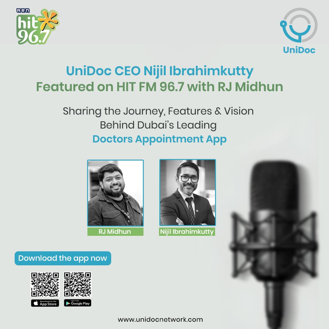 unidocnetwork's tweet image. UniDoc was recently featured on Dubai’s leading regional FM station, HIT FM 96.7, in an exclusive interview with RJ Midhun. 

#UniDoc #DoctorAppointmentApp #HITFM967 #NijilIbrahimkutty #DigitalHealthcare #DubaiStartups #HealthTech #InnovationInHealthcare