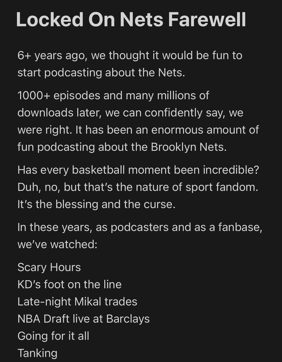 DougNorrie's tweet image. An announcement:
The end of the month will be the last Locked on Nets episodes for Adam and me.
It’s been a great ride, and more than anything, we’ve loved chopping it up with Nets fans over the years.
More thoughts attached here, but just wanted to say thanks for everything…