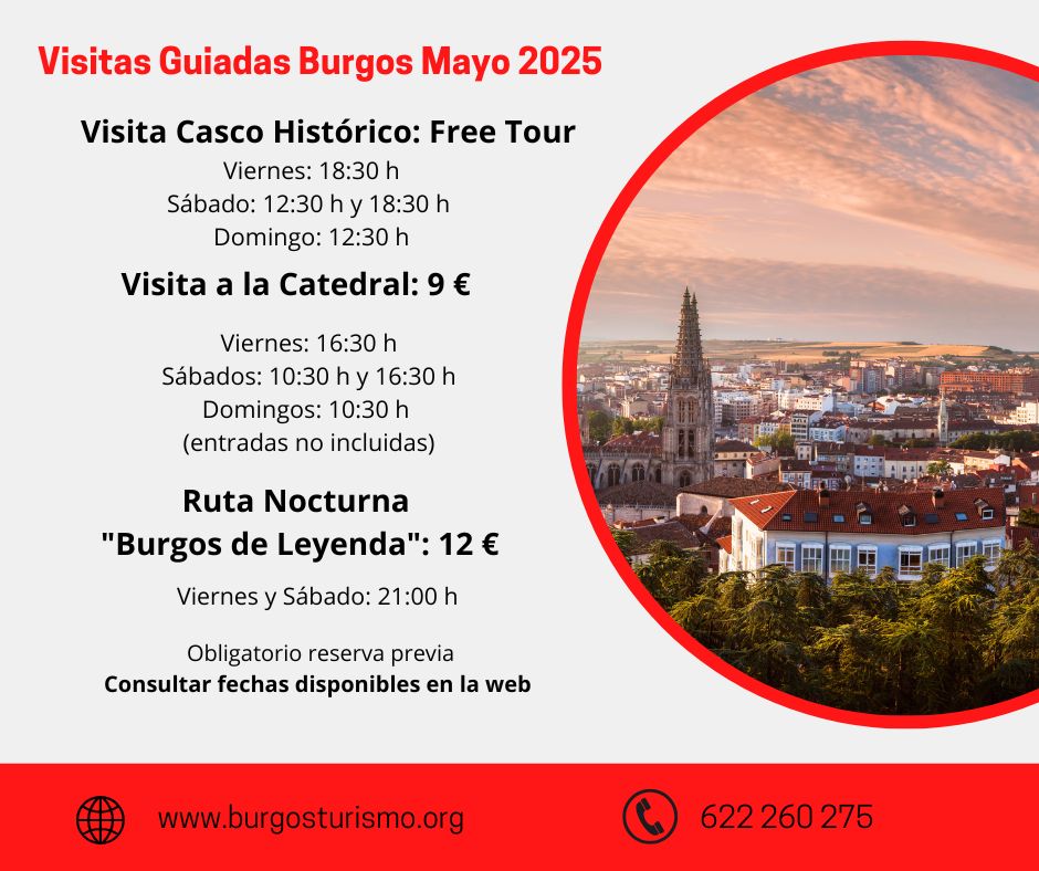 VISITAS GUIADAS EN BURGOS - MAYO 2025 
⛪️Visita Guiada a la Catedral 9€ (entradas no incluidas)
👬Free Tour Casco Histórico
🌜Ruta "Burgos de Leyenda"
Info y reservas:
💻burgosturismo.org 
#BurgosTeSientaBien #visitasguiadasburgos