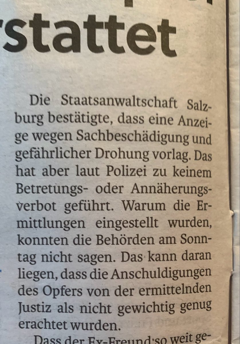 „Die Anschuldigungen des Opfers wurden von der Justiz nicht als gewichtig erachtet!“ Nicht ein Amt/Behörde, sondern ein spezieller Beamter hat diese Entscheidung getroffen.
Ihn trifft eine Teilschuld am Mord dieser Frau aus Maria Alm.
@SN <a href="/derStandardat/">DER STANDARD</a> <a href="/krone_at/">Kronen Zeitung</a>