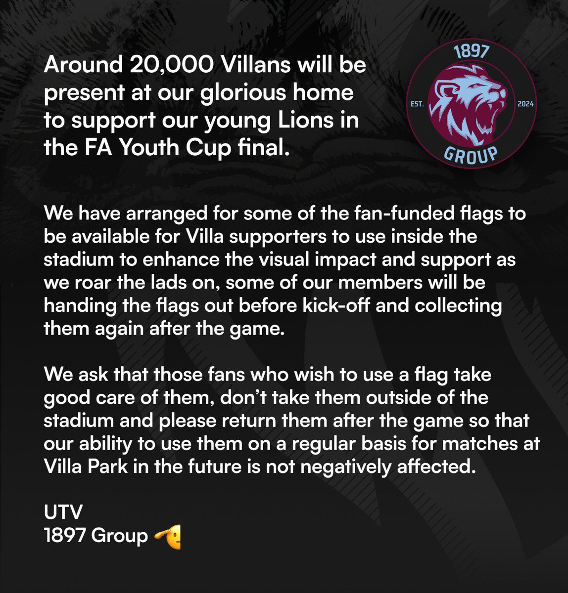 🚨 TODAY 🚨 

#avfc #mcfc #FAYouthCupFinal #1897Group #utv