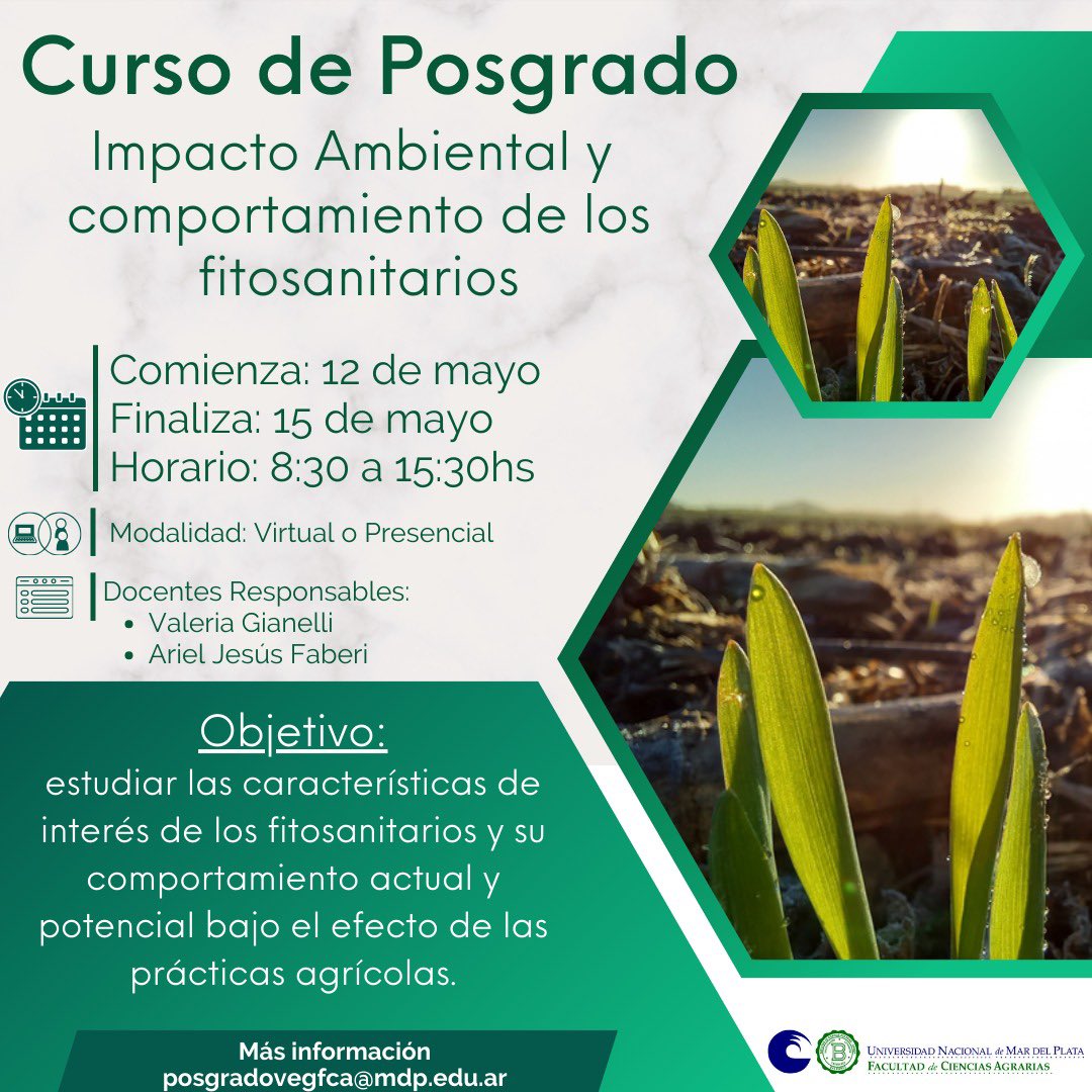 FCABalcarce - UNMDP (@fcabalcarce) on Twitter photo ➡️Curso de posgrado
➡️Impacto Ambiental y comportamiento de los fitosanitarios
📆Comienza: 12 de mayo
📆Finaliza: 15 de mayo
⏰Horario: 8:30 a 15:30hs
➡️Modalidad: virtual o presencial
ℹ️Más información: posgradovegfca@mdp.edu.ar ➡️Curso de posgrado
➡️Impacto Ambiental y comportamiento de los fitosanitarios
📆Comienza: 12 de mayo
📆Finaliza: 15 de mayo
⏰Horario: 8:30 a 15:30hs
➡️Modalidad: virtual o presencial
ℹ️Más información: posgradovegfca@mdp.edu.ar