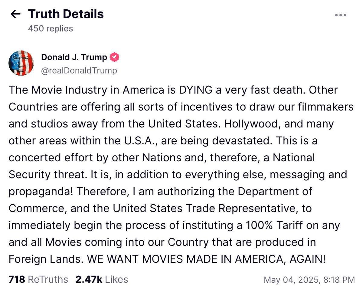CinemaEmSerie's tweet photo. Bom dia com maluquices:

O presidente americano Donald Trump postou em uma rede social que deseja sobretaxar filmes de fora dos Estados Unidos em 100% sob o argumento de que "a indústria de cinema do país está morrendo". https://t.co/Cut3GzVtrH