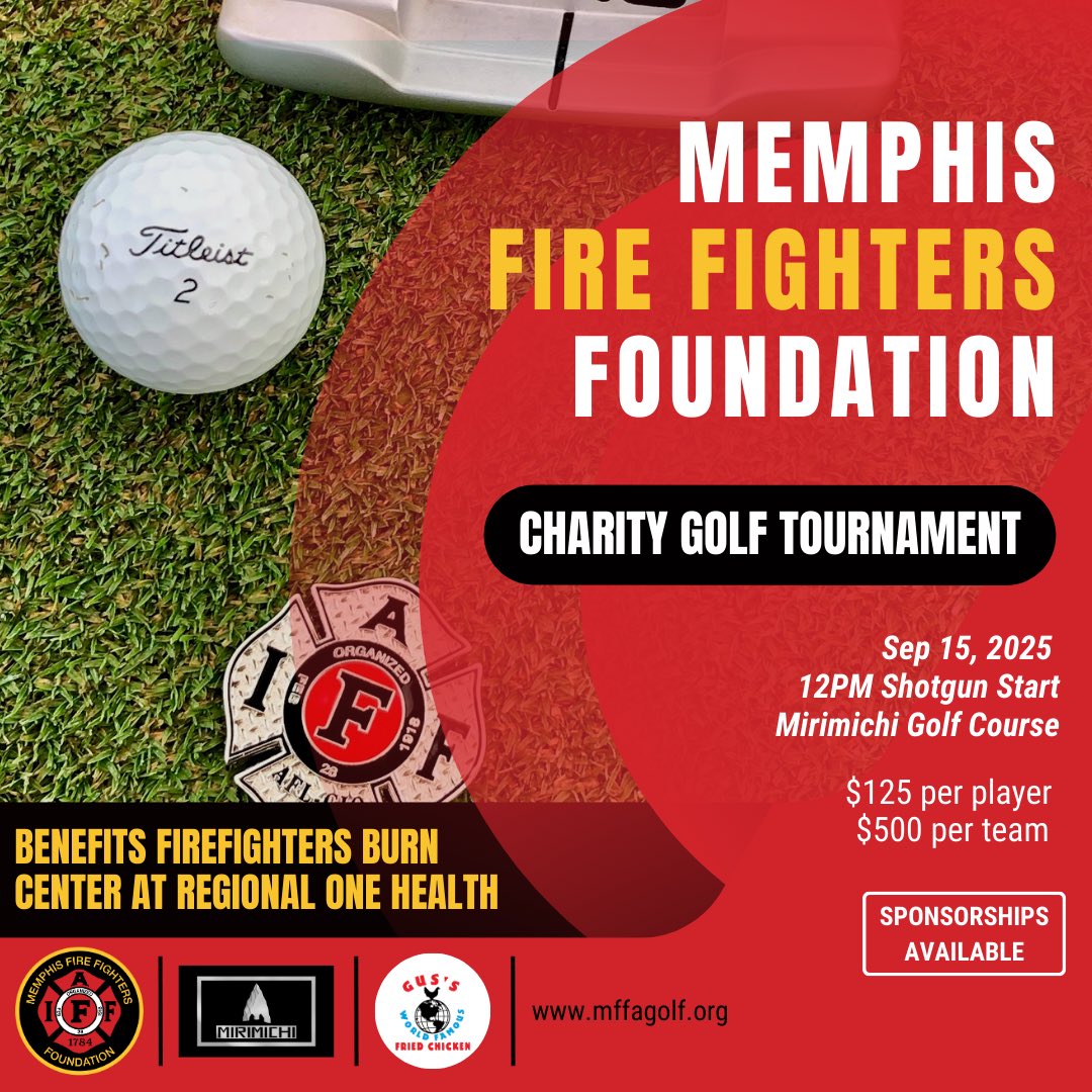 ⛳️Our annual golf tournament benefiting the Firefighters Burn Center at <a href="/RegOneHealthFDN/">Regional One Health</a> is Monday, September 15th. Come out for some fun on the links! Visit mffagolf.org for more information or to register.