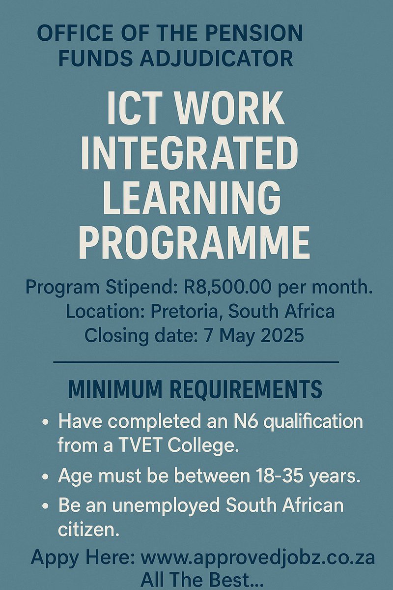 SaApproved's tweet photo. I T Work Integrated Learning Programme

Apply Here: https://t.co/0m2p5yr1wI

More Internships:
https://t.co/vKMOTLYSI2

All the Best.. https://t.co/bvoWbmFDjn