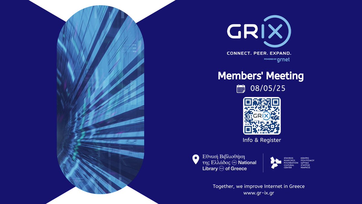 ⏳ 3 days to go!
 Join the Annual GR-IX Members’ Meeting – May 8 SNFCC, Athens
🔹 Talks from <a href="/CoreWeave/">CoreWeave</a>  , <a href="/networktocode/">Network to Code</a> , <a href="/MinDigitalGr/">Υπουργείο Ψηφιακής Διακυβέρνησης</a>  , <a href="/grnet_gr/">GRNET</a>  &amp; more
 🎫 Free but registration required!
ℹ️ Info: bit.ly/3QheeMn
✅ Register: bit.ly/3QgO4tg
#GRNET @GRIX