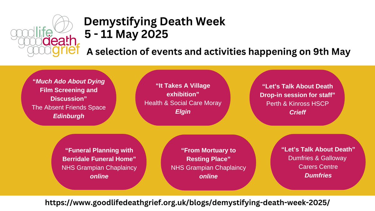 LifeDeathGrief's tweet image. #DemystifyDeath Week (5-11 May) continues with activities by @HSCPMoray, @NHSGrampian, and more.
Check out the listings to see what's happening near you and online:
goodlifedeathgrief.org.uk/blogs/demystif…