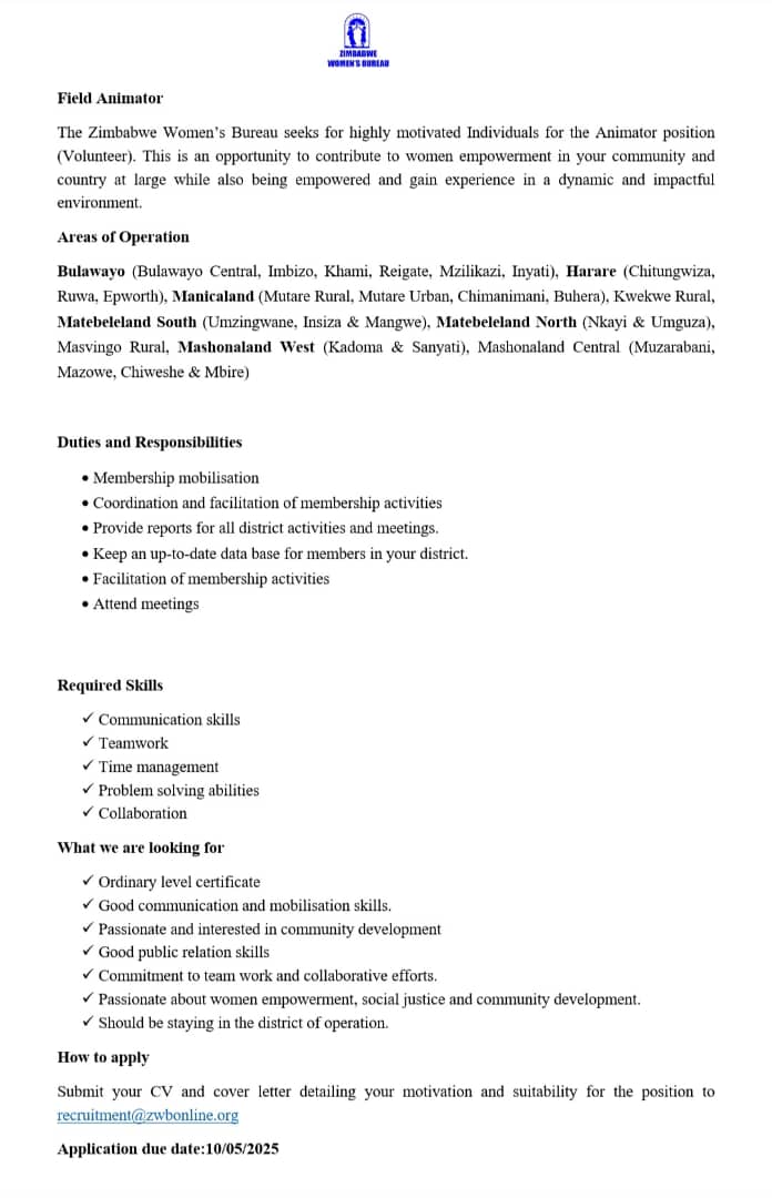 VOLUNTEER ADVERT!!!
@Zwborg is calling for applicants who wish to join the organisation as volunteers. Applicants should be passionate about women empowerment &amp; community development. Only short-listed candidates will be contacted .
Deadline :10 May 2025 

#vacancyannouncement