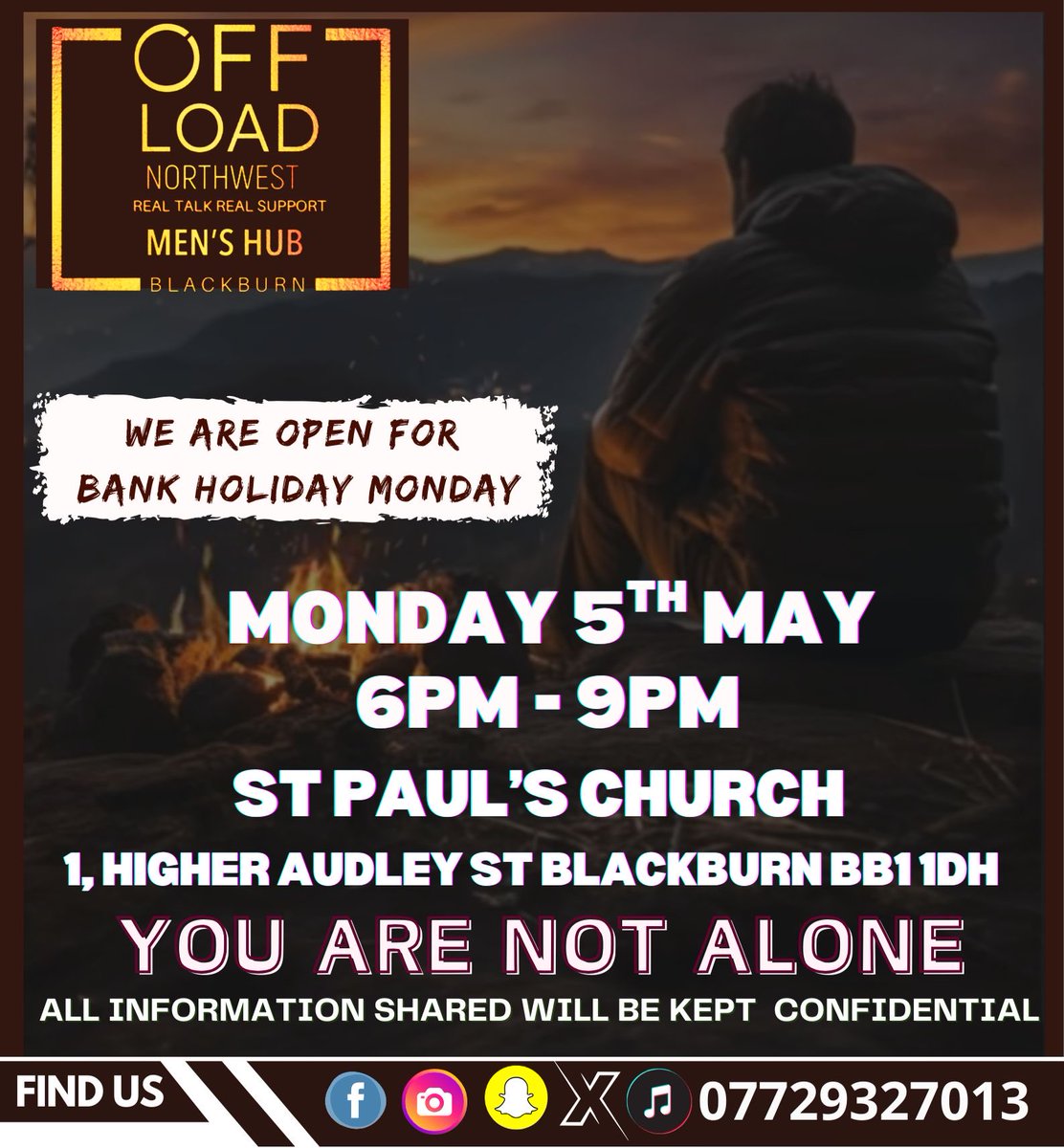 #OffloadNorthwest 
#MensHub 
#PeerToPeerSupport #MensMentalHealth 
#YouAreNotAlone 
#ConfidentialSupport 
#Blackburn 
#SupportForMen 
#MentalHealthMatters  
#MensSupport 
#CommunitySupport #MaleMentalHealth
#BreakTheStigma 
#SupportEachOther #MenSupportingMen