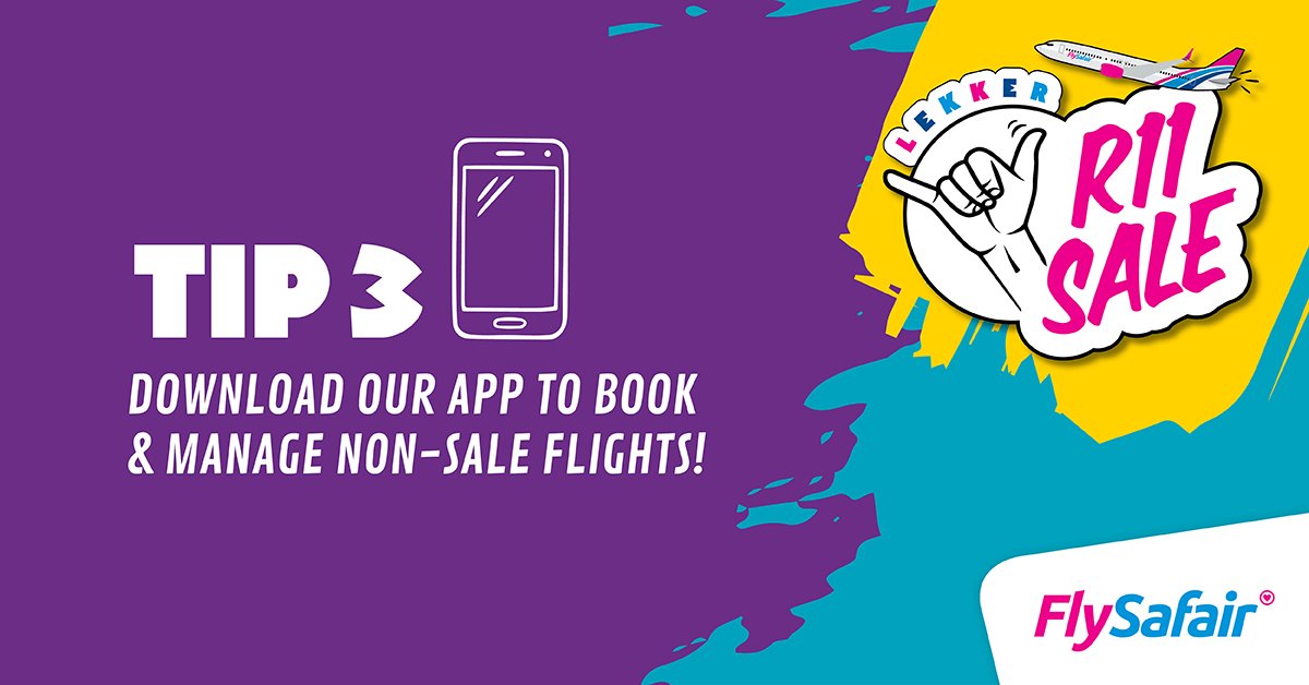 FlySafair's tweet image. Hey, Mzansi…we have one last pre-sale tip for you! If you want to avoid the R11 Sale like a taxi avoids using its indicator, we’ve got you covered! 

Download our mobile app to book regular flights or manage your existing bookings easily. 

No stress, no detours, no chaos!