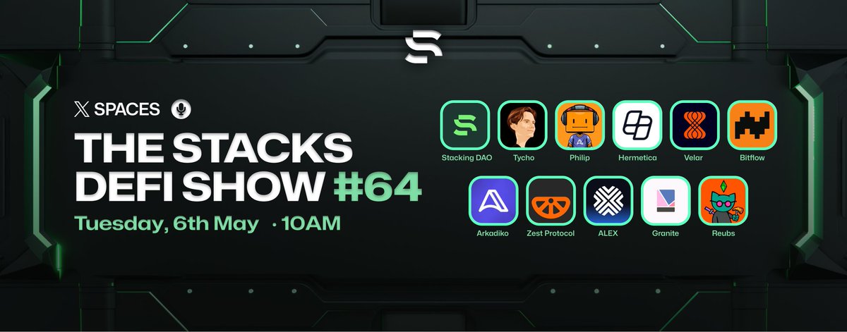 Stacking DAO (@stackingdao) on Twitter photo Don't miss the <a href="/Stacks/">stacks.btc</a> DeFi show tomorrow at 10 AM ET! 📆
The show will feature all the main Stacks DeFi apps and others sharing news, creating a more open and engaging format.
⏰ Set a reminder so you don’t miss it!
x.com/i/spaces/1jMKg… Don't miss the <a href="/Stacks/">stacks.btc</a> DeFi show tomorrow at 10 AM ET! 📆
The show will feature all the main Stacks DeFi apps and others sharing news, creating a more open and engaging format.
⏰ Set a reminder so you don’t miss it!
x.com/i/spaces/1jMKg…