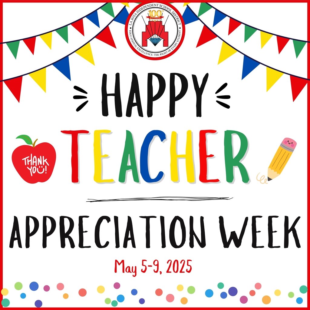 🎉 Happy Teacher Appreciation Week to all the incredible teachers at La Joya ISD!🍎

Your impact reaches far beyond the classroom, and your efforts do not go unnoticed.
Thank you for being the heart of our schools. 💙🍎

#TeacherAppreciationWeek #LJISDLegacyOfExcellence