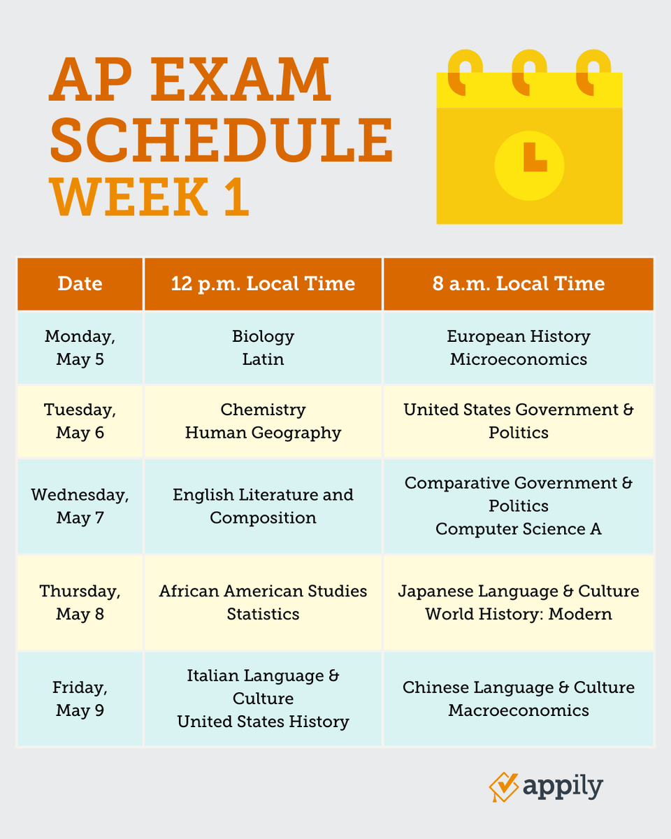 AppilyCom's tweet image. This year, AP exams are from May 5th to 16th. Check out the schedule 📝 

#AP #APClasses #APExams