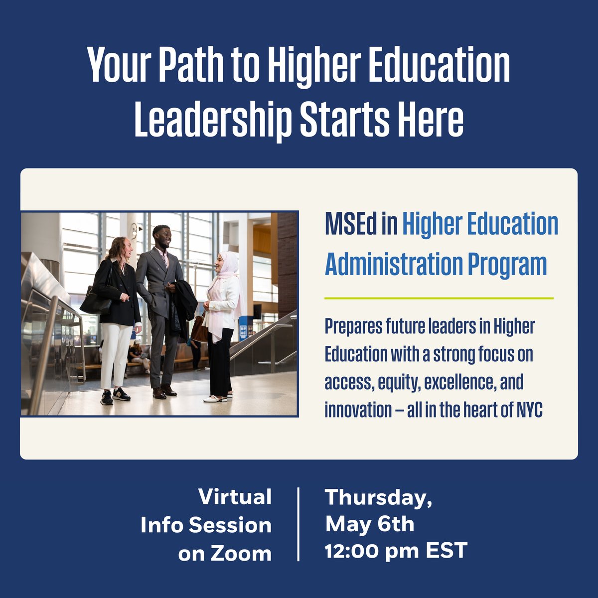 Join us tomorrow for a virtual info session about the MSEd in Higher Education Administration (HEA) at #MarxeSchool! 🎓✨

🔗 Register now and take the first step toward becoming a changemaker in higher education: ow.ly/KjfR50VB4UF

#BaruchCollege